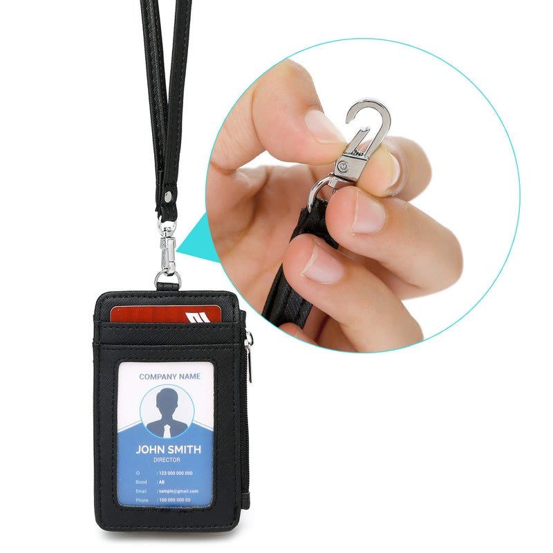 Leamekor ID Badge Holder with Neck Lanyard PU Leather ID Badge Wallet Case with 1 ID Window, 4 Card Slots, 1 Side Zipper Pocket - Image 5